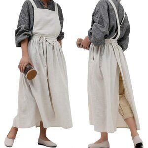 Pleated Cotton Long Apron X Back Kitchen Garden Florist Work Clothes Bib Dress